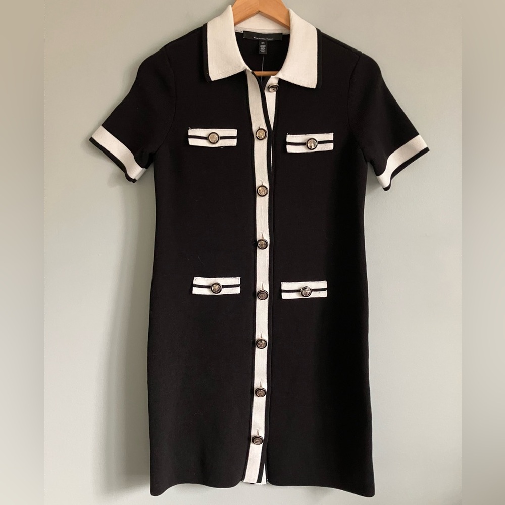 WHBM Black and White Heavy Knit Collared Cotton Blend Body Con Dress Size XS NWT